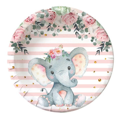 Set 10 Farfurii Unica Folosinta, Klevo, Imprimeu Elefant, din Carton, 17 cm, Roz
