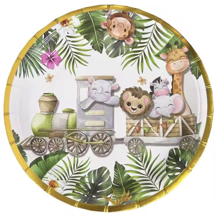 Farfurii Cartonate pentru Petreceri, Klevo, Farfurii cartonate de unica Folosinta pentru Zile de Nastere, Model Safari cu animale, set 10 buc, Diametru 23 cm, Multicolor