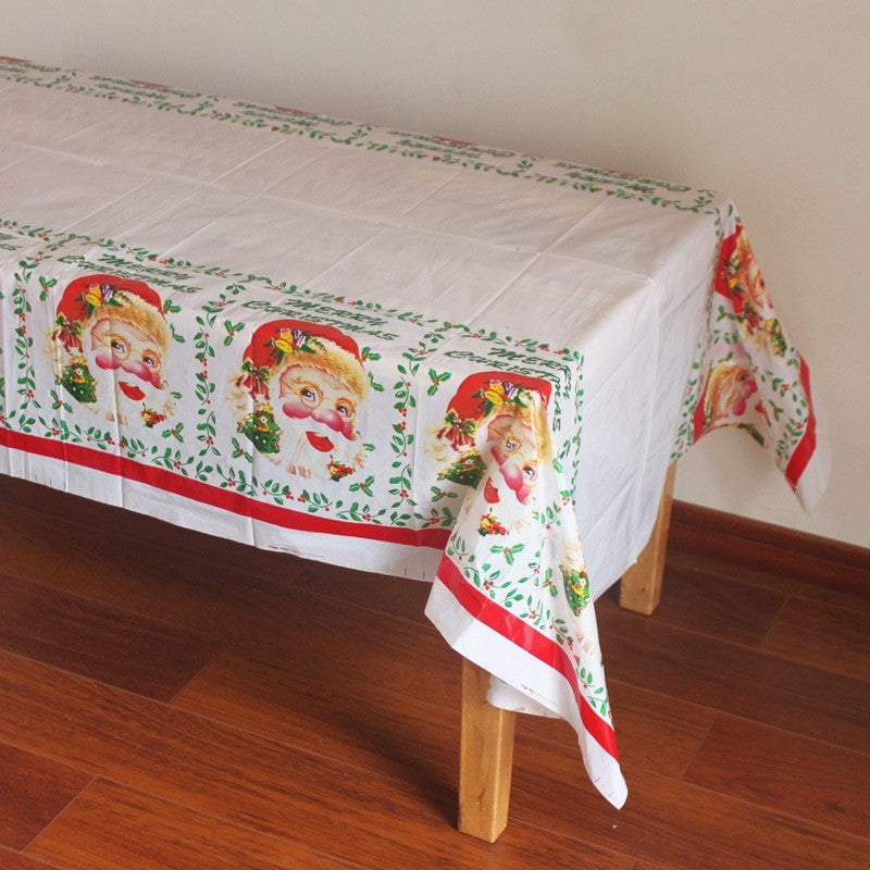 Fata de masa dreptunghiulara Klevo, PVC, 2.5 mm grosime, imprimeu Mos Craciun, potrivit pentru Craciun, utilizare multipla, 180 x 108 cm, alb