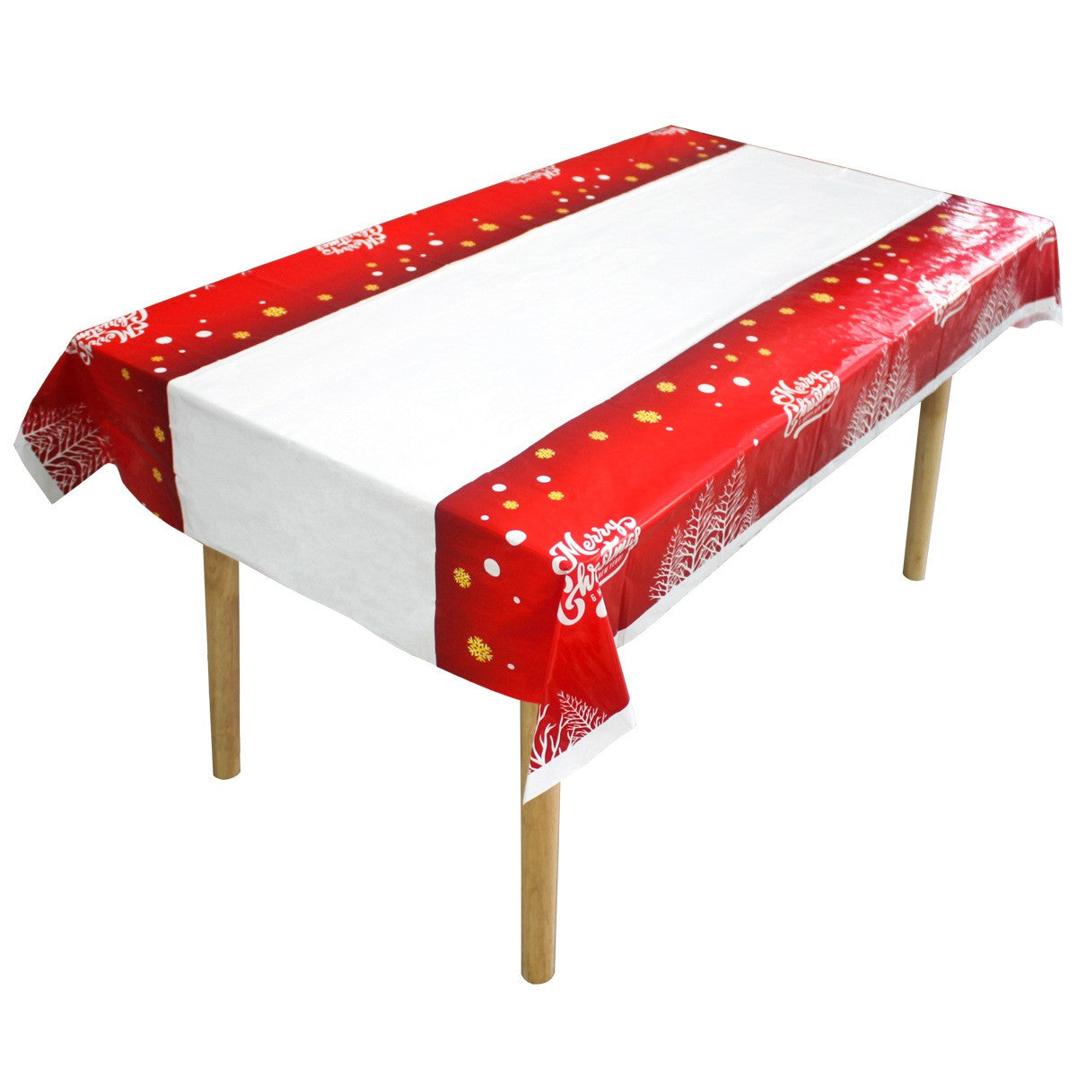 Fata de masa dreptunghiulara Klevo, PVC, 2.5 mm grosime, imprimeu Merry Christmas, potrivit pentru Craciun, utilizare multipla, 180 x 108 cm, alb