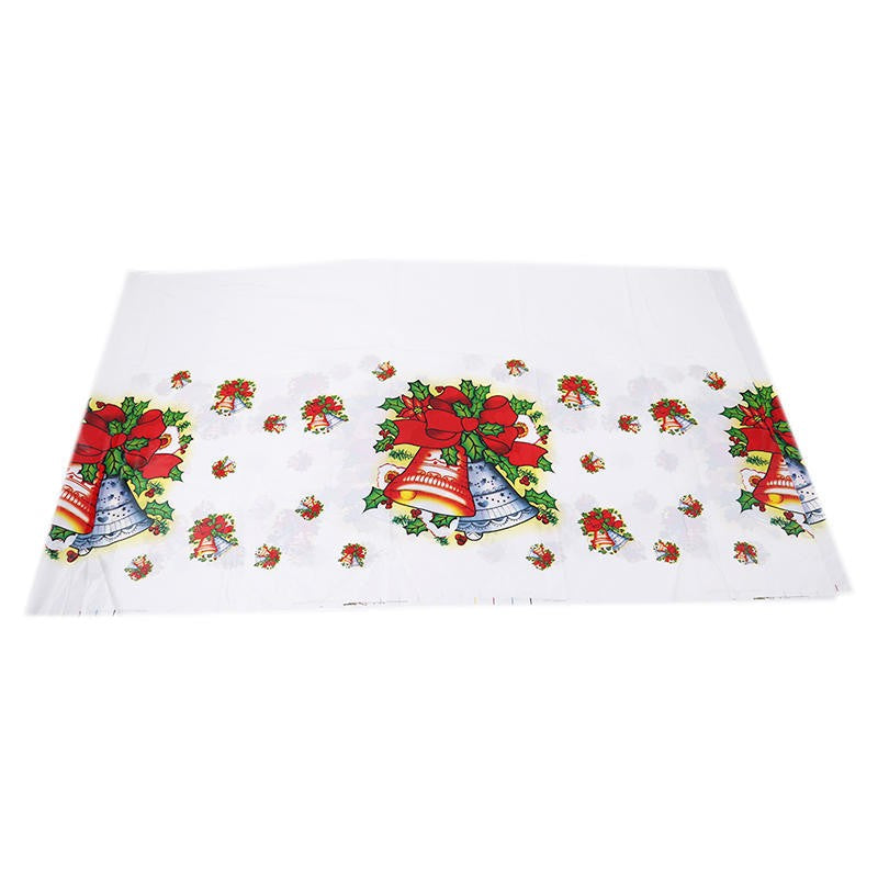 Fata de masa dreptunghiulara Klevo, PVC, 2.5 mm grosime, imprimeu clopotei, potrivit pentru Craciun, utilizare multipla, 180 x 108 cm, alb