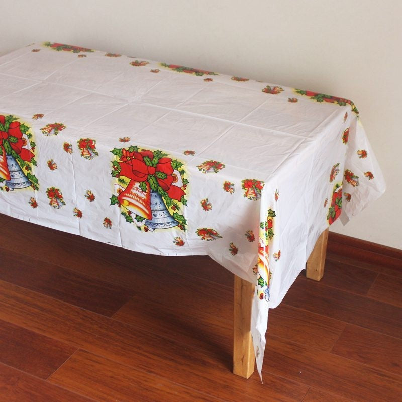 Fata de masa dreptunghiulara Klevo, PVC, 2.5 mm grosime, imprimeu clopotei, potrivit pentru Craciun, utilizare multipla, 180 x 108 cm, alb