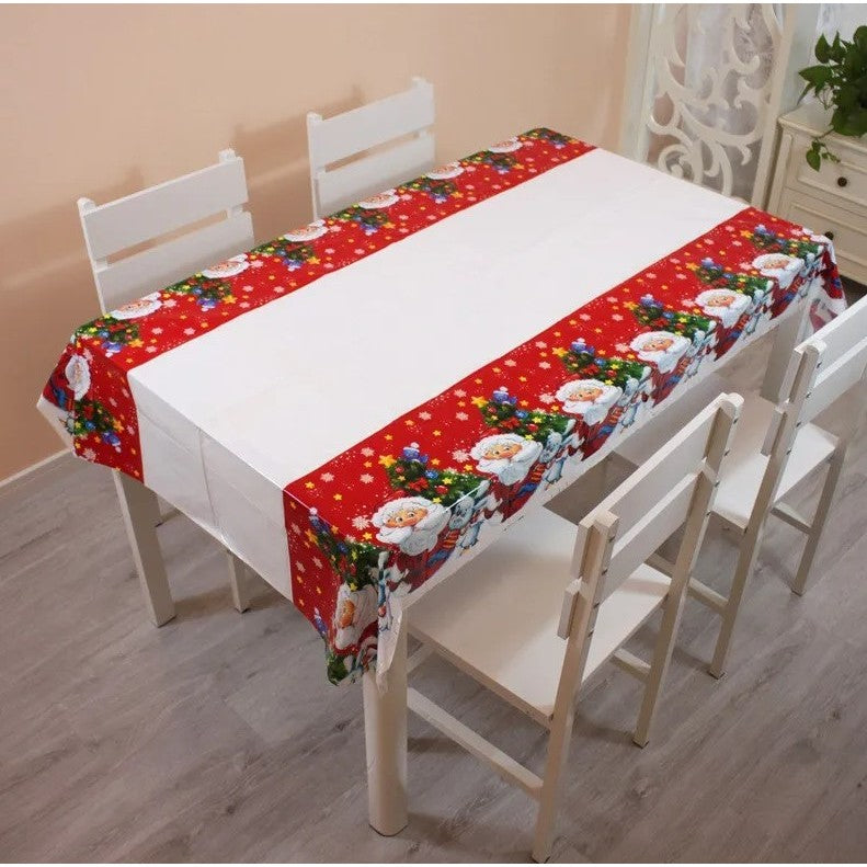 Fata de masa dreptunghiulara Klevo, PVC, 2.5 mm grosime, imprimeu Mos Craciun cu iepuras, potrivit pentru Craciun, utilizare multipla, 180 x 108 cm, alb