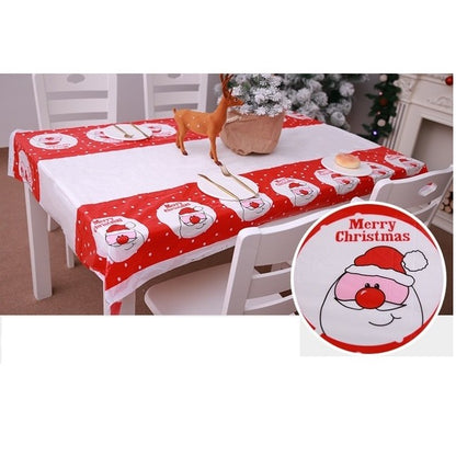 Fata de masa dreptunghiulara Klevo, PVC, 2.5 mm grosime, imprimeu Mos Craciun model 2, potrivit pentru Craciun, utilizare multipla, 180 x 108 cm, alb
