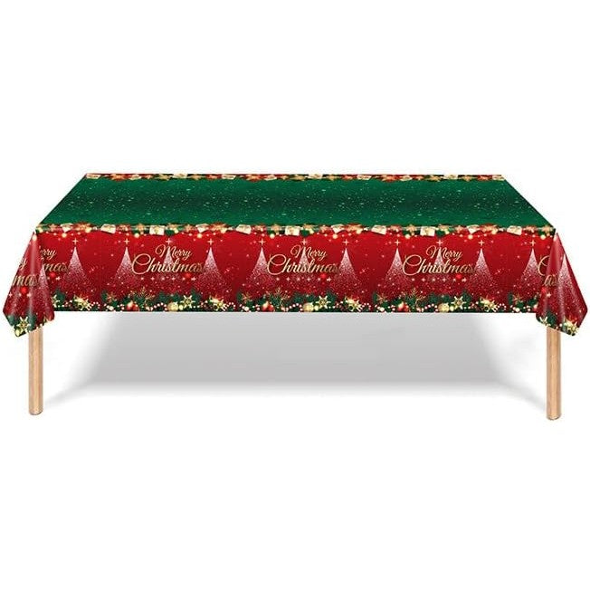 Fata de Masa Festiva, Klevo, Dreptunghiulara, Imprimeu Merry Christmas, Tema Craciun, Rezistenta la Apa, din PVC, 137 x 274 cm, Rosu/Verde