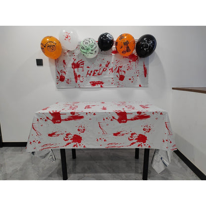 Fata de Masa, Klevo, din Folie, Imprimeu Halloween - Help Me, 137 x 183 cm, Alb/Rosu