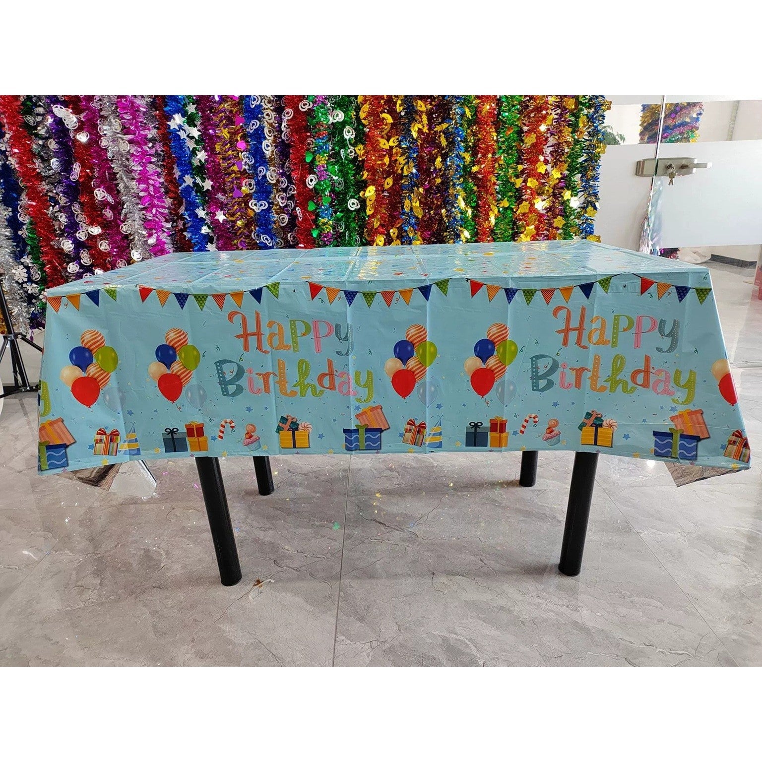 Fata de Masa, Klevo, din Folie, Imprimeu Happy Birthday cu Baloane, 137 x 183 cm, Albastru