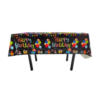 Fata de Masa, Klevo, din Folie, Imprimeu Happy Birthday cu Baloane, 137 x 183 cm, Negru