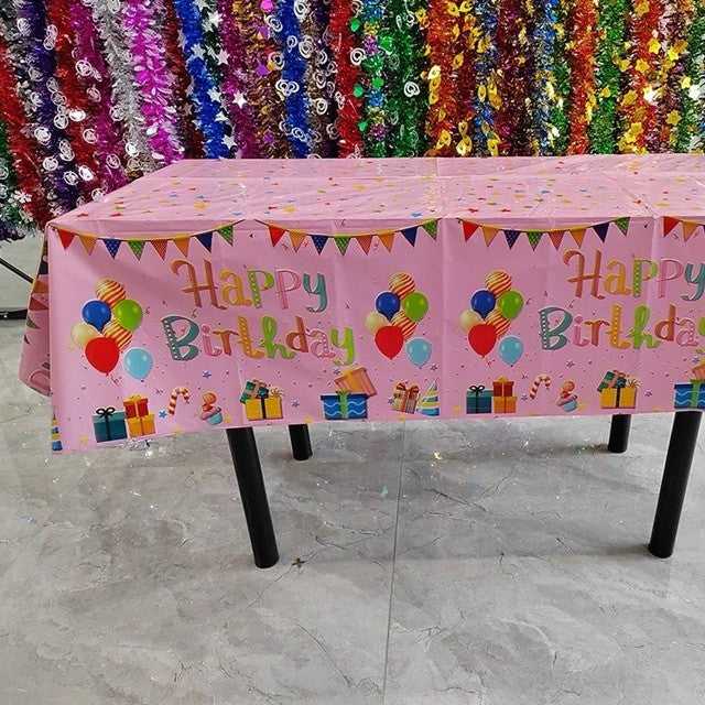 Fata de Masa, Klevo, din Folie, Imprimeu Happy Birthday cu Baloane, 137 x 183 cm, Roz