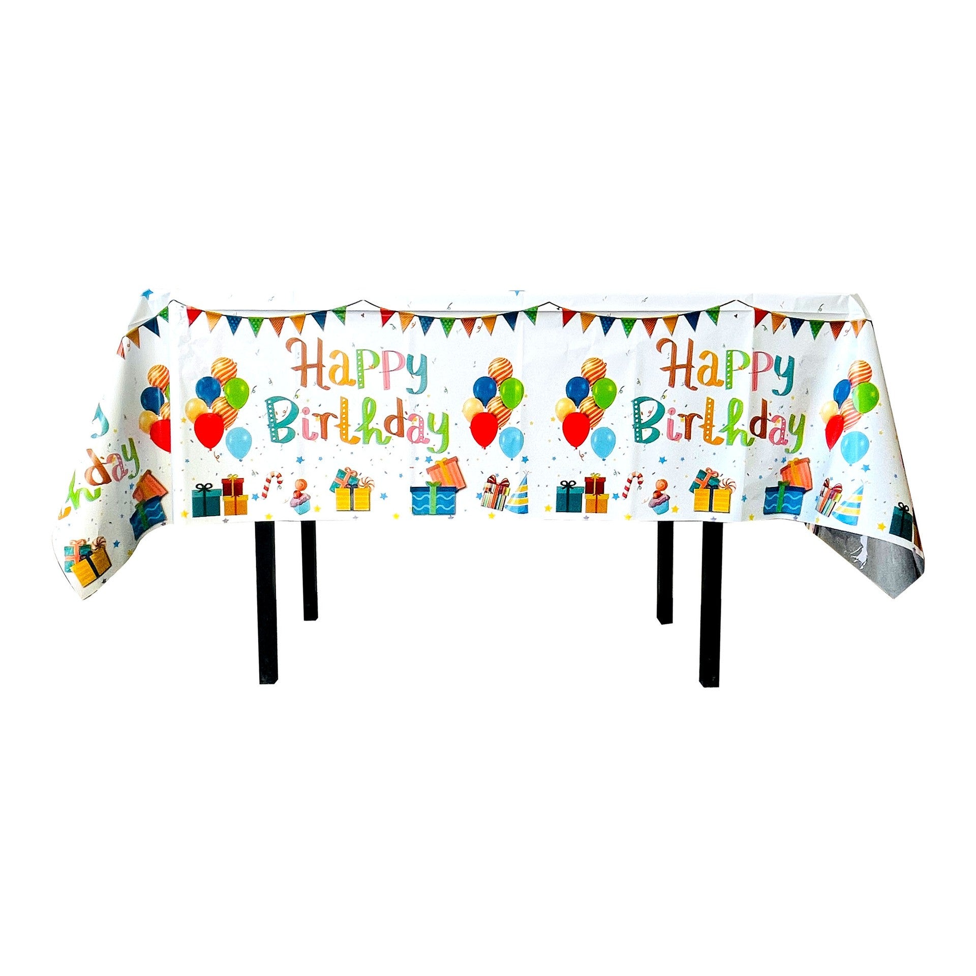 Fata de Masa, Klevo, din Folie, Imprimeu Happy Birthday cu Baloane, 137 x 274 cm, Alb