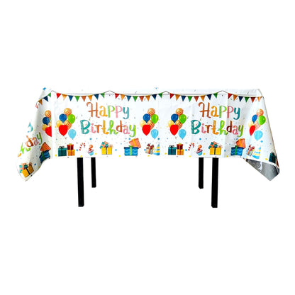 Fata de Masa, Klevo, din Folie, Imprimeu Happy Birthday cu Baloane, 137 x 274 cm, Alb