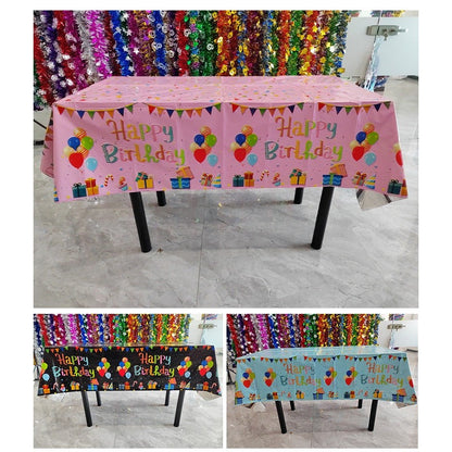 Fata de Masa, Klevo, din Folie, Imprimeu Happy Birthday cu Baloane, 137 x 274 cm, Negru