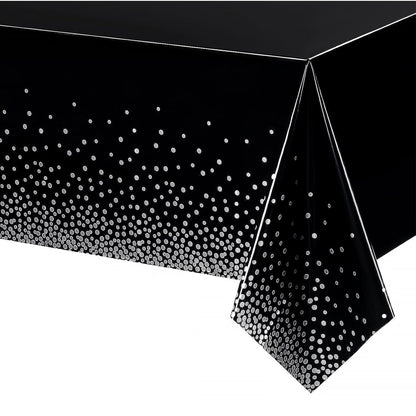 Fata de Masa, Klevo, din PEVA, Imprimeu Buline Argintii, 137 x 274 cm, Impermeabila, Fara Pete, Curatare Rapida, Negru