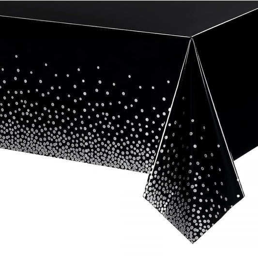 Fata de Masa, Klevo, din PEVA, Imprimeu Buline Argintii, 137 x 274 cm, Impermeabila, Fara Pete, Curatare Rapida, Negru