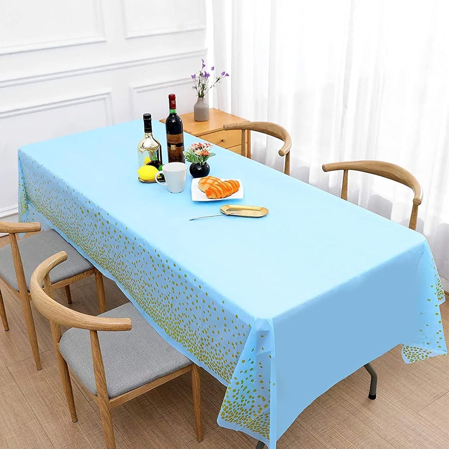 Fata de Masa, Klevo, din PEVA, Imprimeu Buline Aurii, 137 x 274 cm, Impermeabila, Fara Pete, Curatare Rapida, Albastru