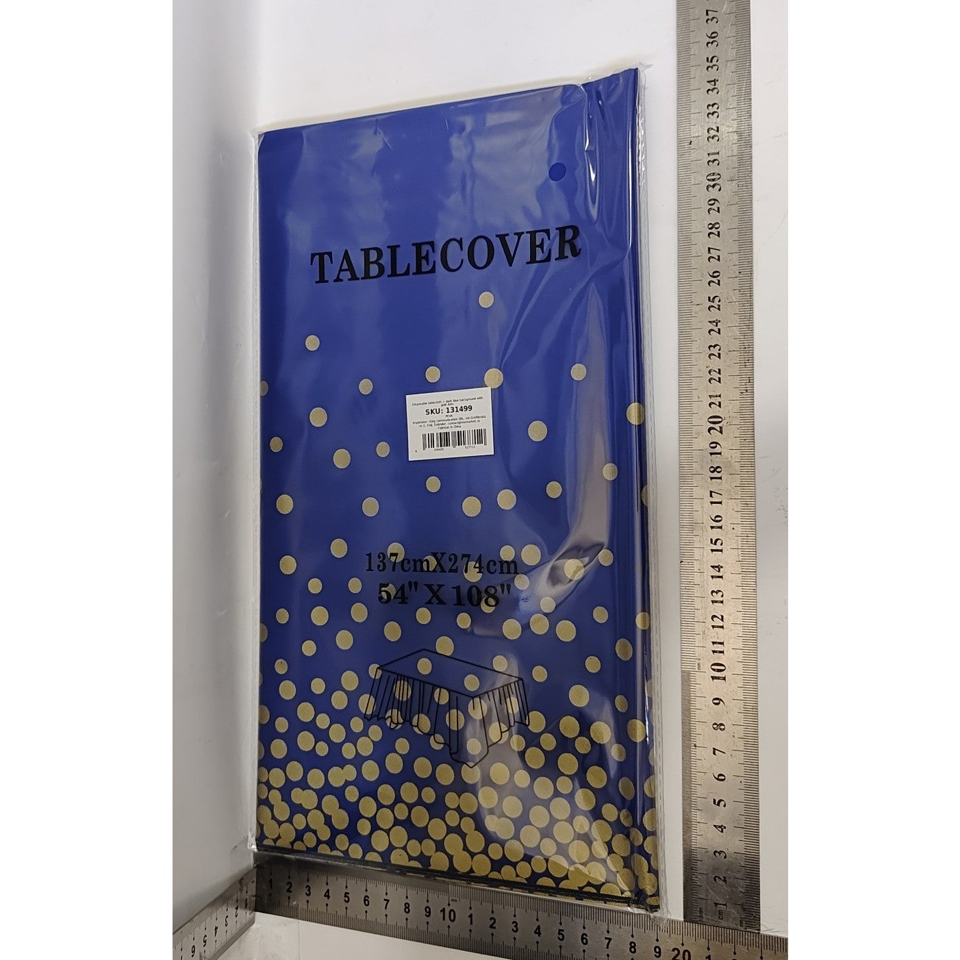 Fata de Masa, Klevo, din PEVA, Imprimeu Buline Aurii, 137 x 274 cm, Impermeabila, Fara Pete, Curatare Rapida, Albastru Inchis