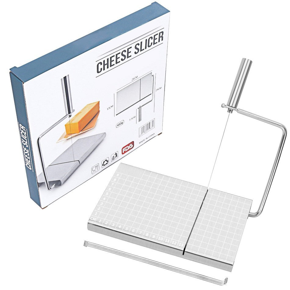 Feliator manual Klevo, pentru cascaval, salam, prajituri, unt, din otel inoxidabil, usor de curatat si utilizat, 5 lame de schimb incluse, picioare antiderapante, 21 x 12.2 x 2.8 cm, argintiu