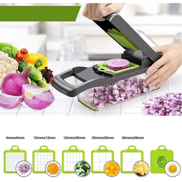 Feliator Multifunctional, Klevo, Razatoare, 8 in 1, pentru Fructe si Legume, 10 Piese, Lame de Inox, Recipient Stocare, Separator Oua, Protectie Mana, ABS, 32.2x11.3 cm, Verde/Gri