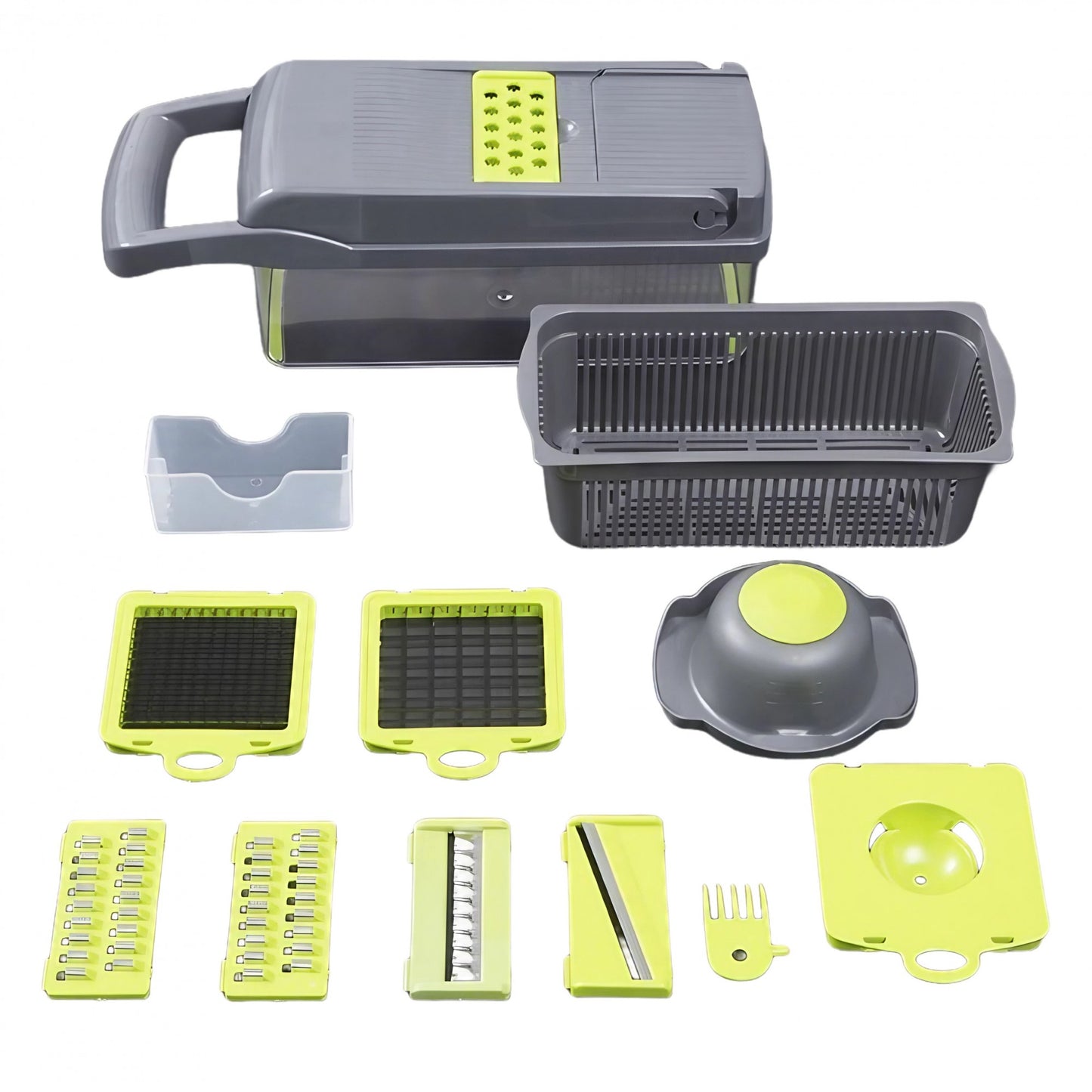Feliator Multifunctional, Klevo, Razatoare, 8 in 1, pentru Fructe si Legume, 10 Piese, Lame de Inox, Recipient Stocare, Separator Oua, Protectie Mana, ABS, 32.2x11.3 cm, Verde/Gri