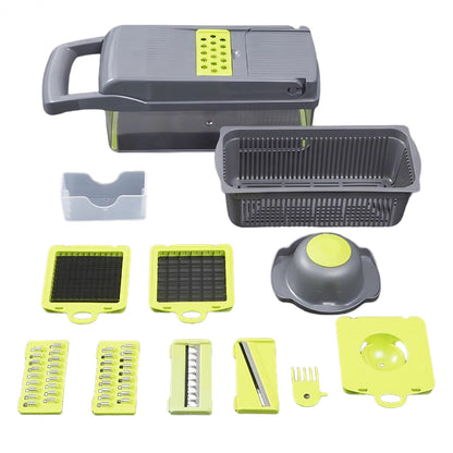 Feliator Multifunctional, Klevo, Razatoare, 8 in 1, pentru Fructe si Legume, 10 Piese, Lame de Inox, Recipient Stocare, Separator Oua, Protectie Mana, ABS, 32.2x11.3 cm, Verde/Gri