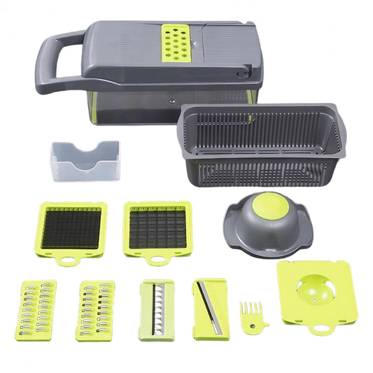 Feliator Multifunctional, Klevo, Razatoare, 8 in 1, pentru Fructe si Legume, 10 Piese, Lame de Inox, Recipient Stocare, Separator Oua, Protectie Mana, ABS, 32.2x11.3 cm, Verde/Gri