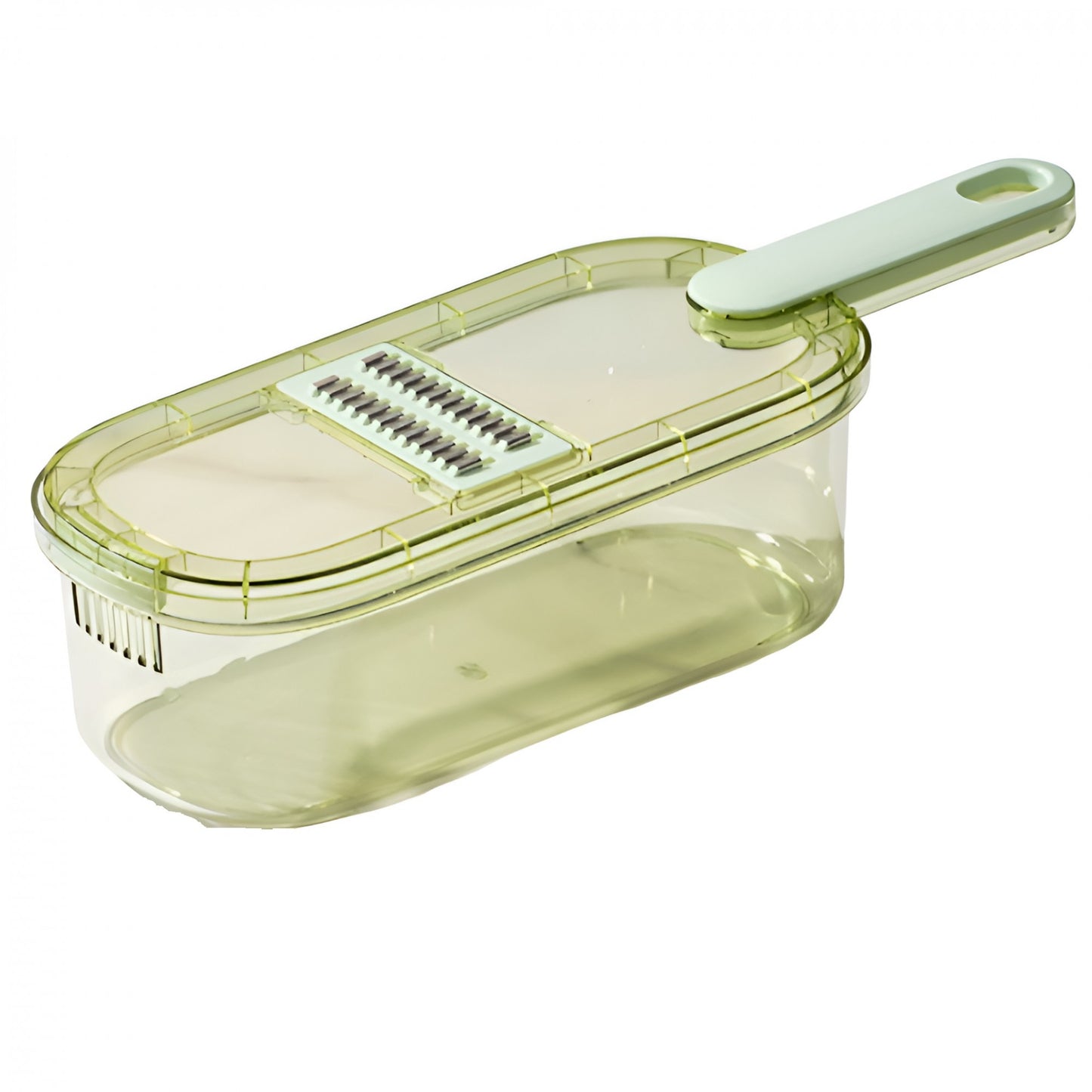 Feliator Multifunctional, Klevo, 6 in 1, pentru Fructe si Legume, 9 Piese, Maner, Lame de Inox, Recipient Stocare, Protectie Mana, ABS, 35x12x9.4 cm, Verde