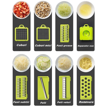 Feliator Multifunctional, Klevo, Razatoare, 8 in 1, pentru Fructe si Legume, 10 Piese, Lame de Inox, Recipient Stocare, Separator Oua, Protectie Mana, ABS, 67.5x38.5x49.5 cm, Verde/Alb