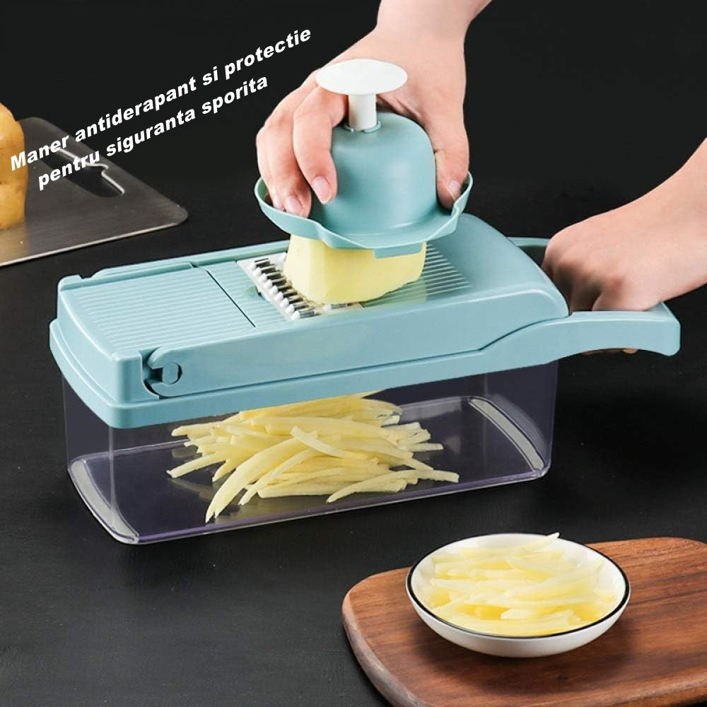 Feliator Multifunctional, Klevo, Razatoare, 8 in 1, pentru Fructe si Legume, 10 Piese, Lame de Inox, Recipient Stocare, Separator Oua, Protectie Mana, ABS, 32.2x11.3 cm, Albastru/Alb