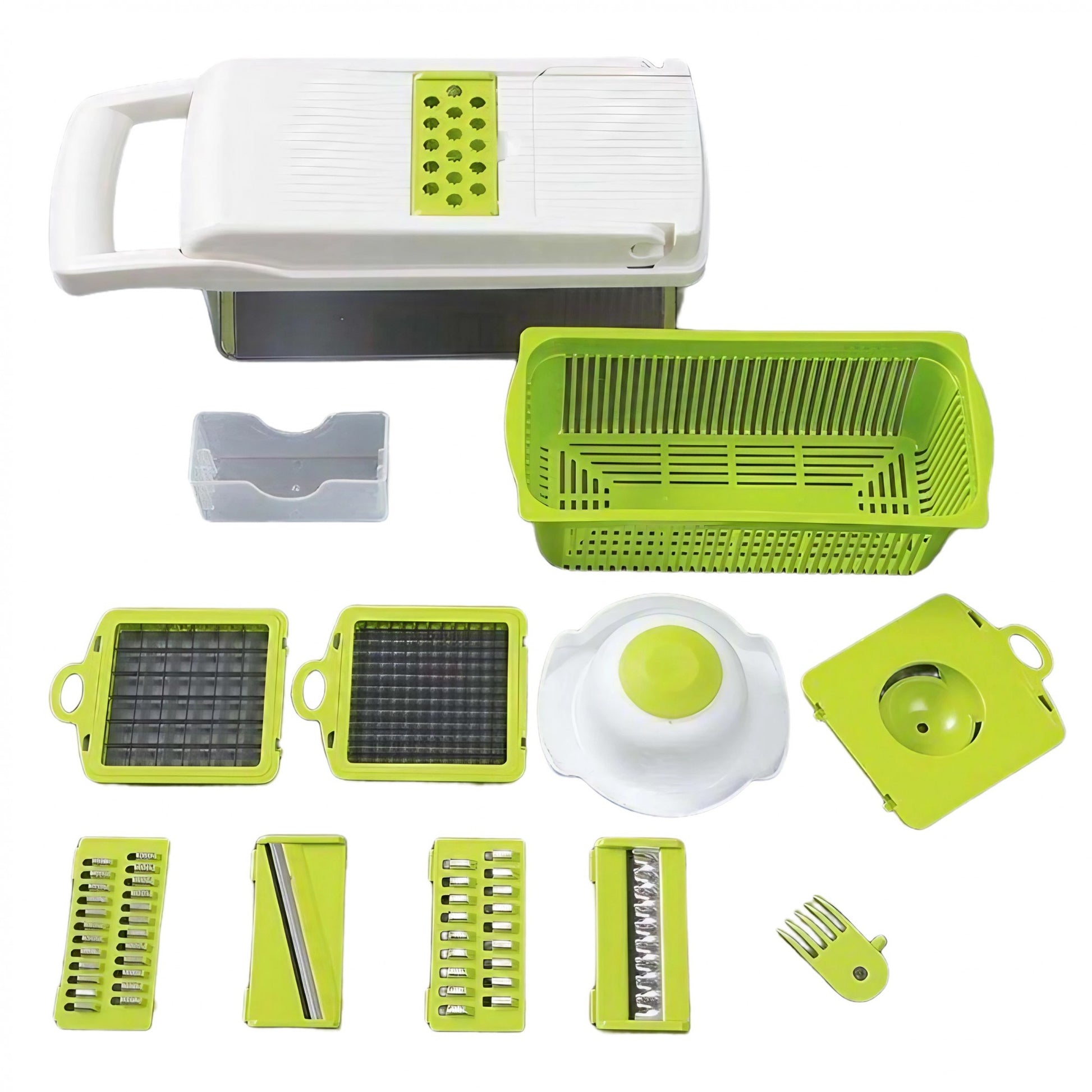 Feliator Multifunctional, Klevo, Razatoare, 8 in 1, pentru Fructe si Legume, 10 Piese, Lame de Inox, Recipient Stocare, Separator Oua, Protectie Mana, ABS, 67.5x38.5x49.5 cm, Verde/Alb
