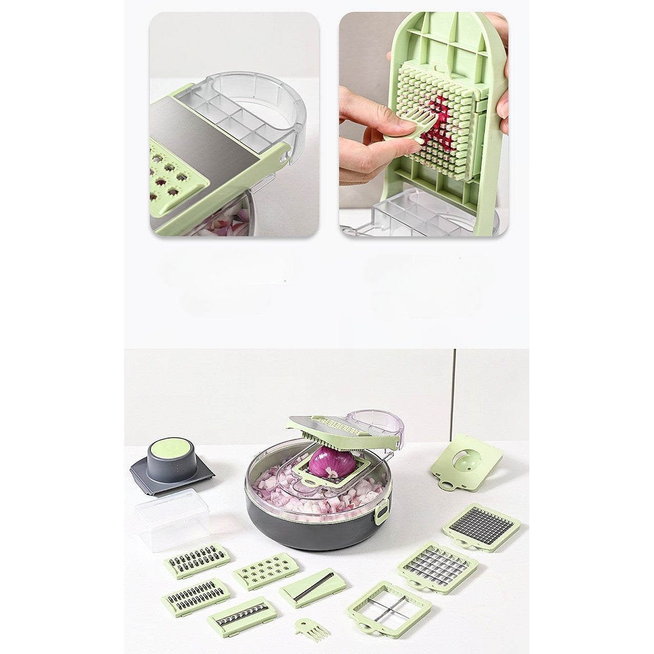 Feliator Multifunctional, Klevo, Razatoare, 8 in 1, pentru Fructe si Legume, 12 Piese, Lame de Inox, Recipient Stocare, Separator Oua, Protectie Mana, ABS, Gri/Verde, 29.5x9x21.8 cm