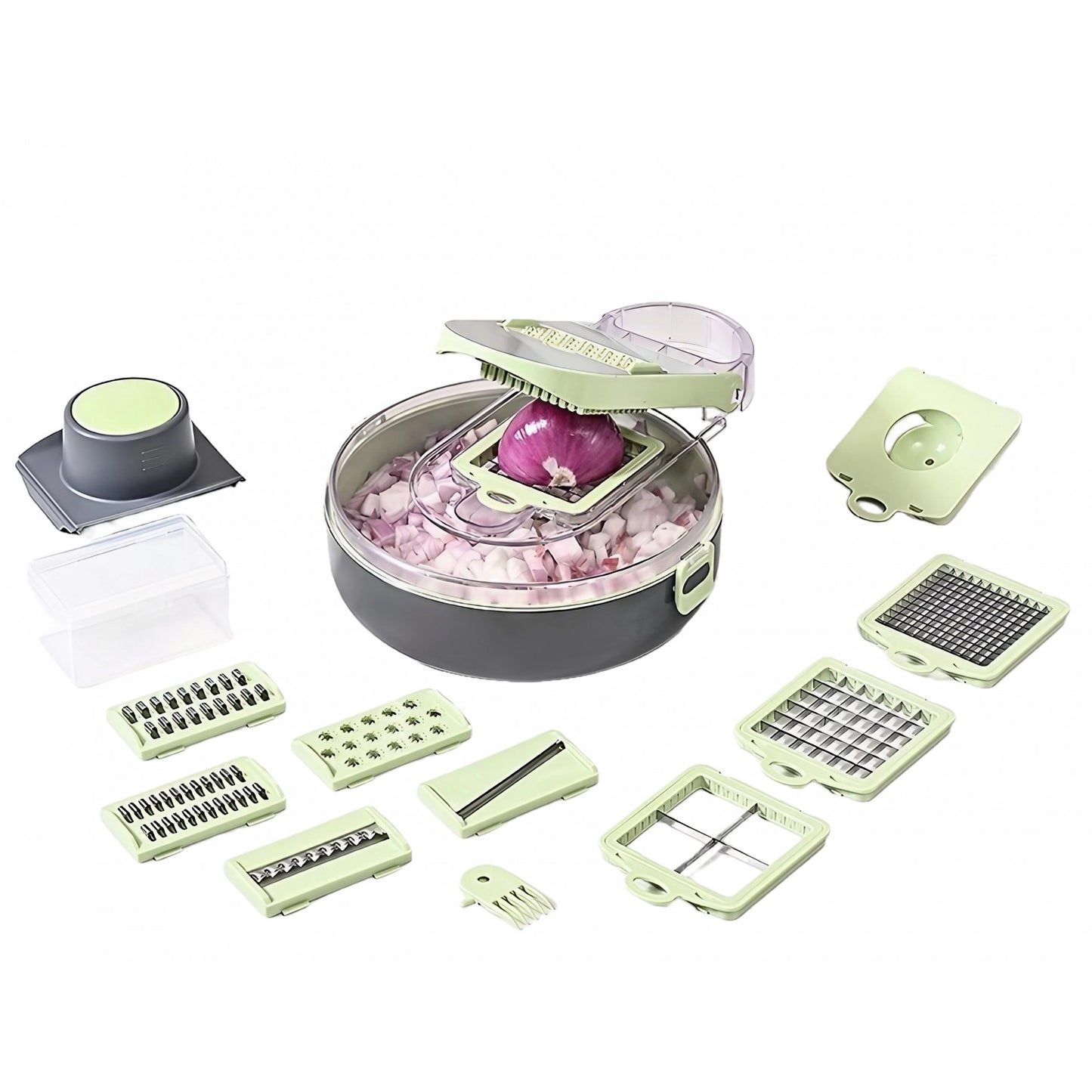 Feliator Multifunctional, Klevo, Razatoare, 8 in 1, pentru Fructe si Legume, 12 Piese, Lame de Inox, Recipient Stocare, Separator Oua, Protectie Mana, ABS, Gri/Verde, 29.5x9x21.8 cm