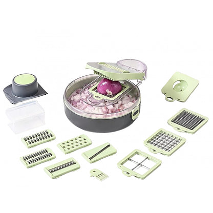 Feliator Multifunctional, Klevo, Razatoare, 8 in 1, pentru Fructe si Legume, 12 Piese, Lame de Inox, Recipient Stocare, Separator Oua, Protectie Mana, ABS, Gri/Verde, 29.5x9x21.8 cm
