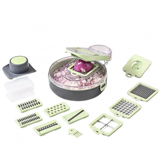 Feliator Multifunctional, Klevo, Razatoare, 8 in 1, pentru Fructe si Legume, 12 Piese, Lame de Inox, Recipient Stocare, Separator Oua, Protectie Mana, ABS, Gri/Verde, 29.5x9x21.8 cm