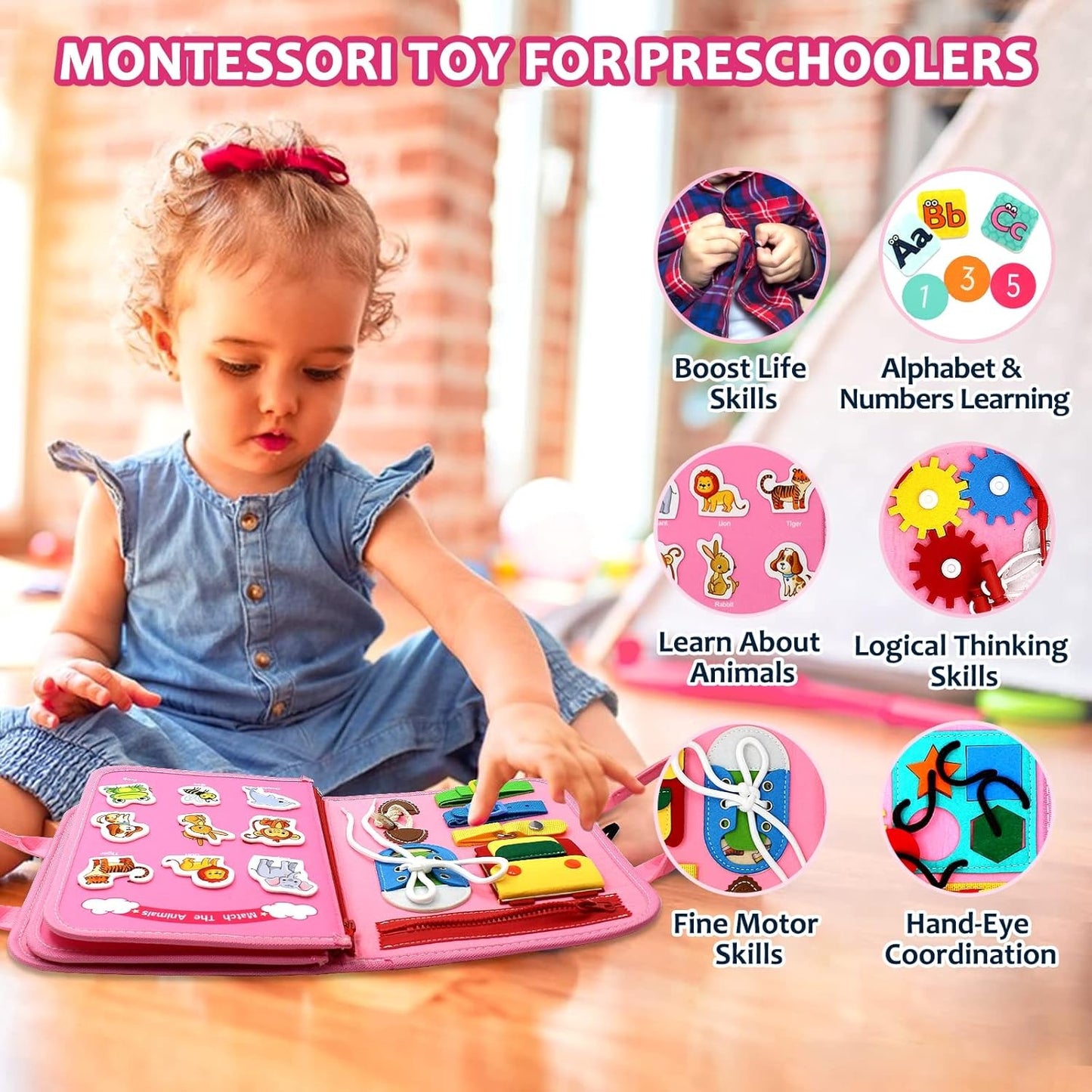 Carte Senzoriala Educativa Montessori 7in1, Klevo, 26 de Activitati, Dezvoltare Abilitati Motorii, 4 Pagini, Model Dinozauri, 28x22x7 cm, Roz