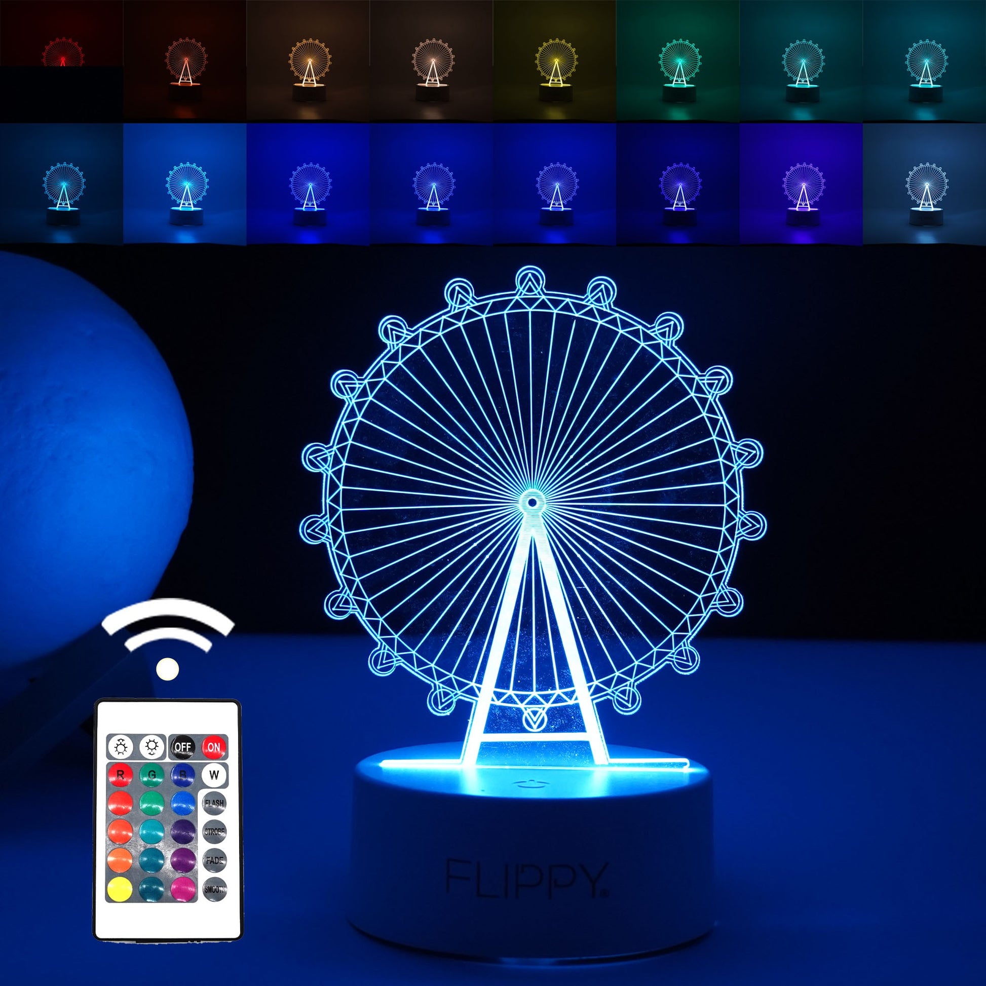 Lampa LED decorativa, Klevo, 3D, Roata Panoramica, cu telecomanda, doua moduri de alimentare USB si baterii, 20 cm inaltime, din material acril si lumina multicolora, alb