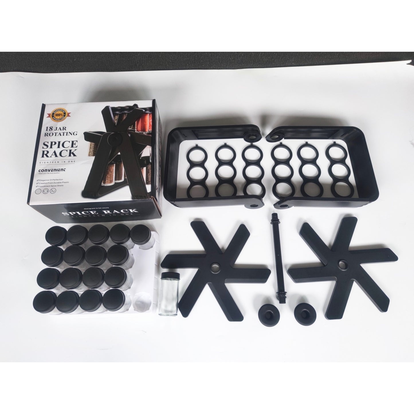 Suport Pentru Condimente Rotativ, Klevo, Multifunctional, Pivotant 360°, Portabil, Usor de Montat, 34x23 cm, ABS/Sticla, Negru