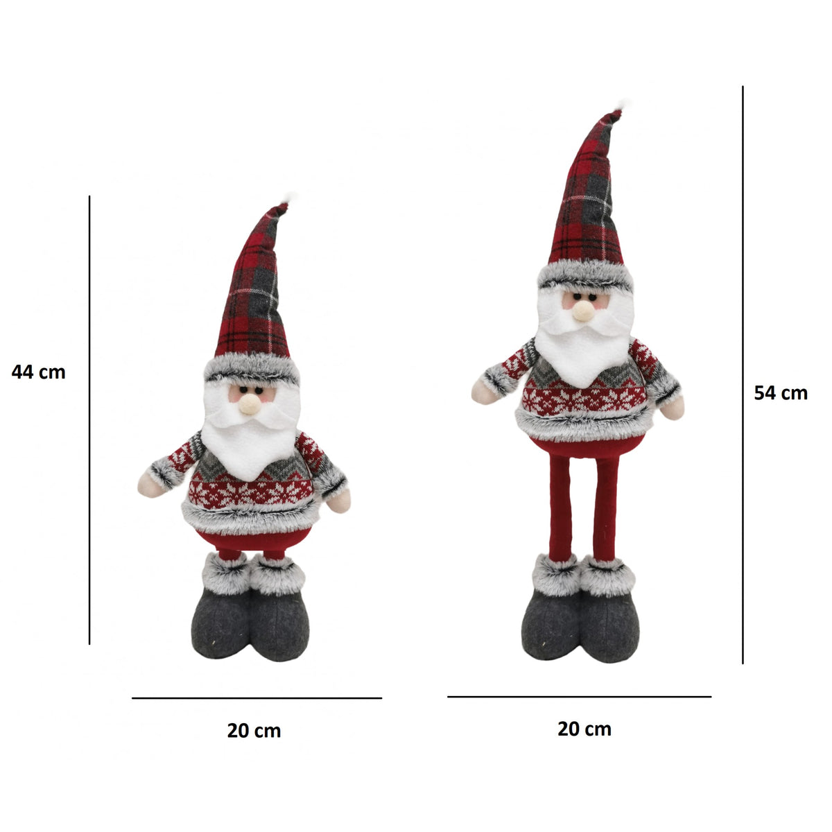 Figurina Decorativa, Pentru Craciun, Klevo, Mos Craciun, Picioare Telescopice, Inaltime Reglabila 44-54cm, Bluza cu Fulgi, Rosu/Gri
