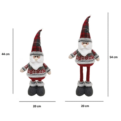 Figurina Decorativa, Pentru Craciun, Klevo, Mos Craciun, Picioare Telescopice, Inaltime Reglabila 44-54cm, Bluza cu Fulgi, Rosu/Gri