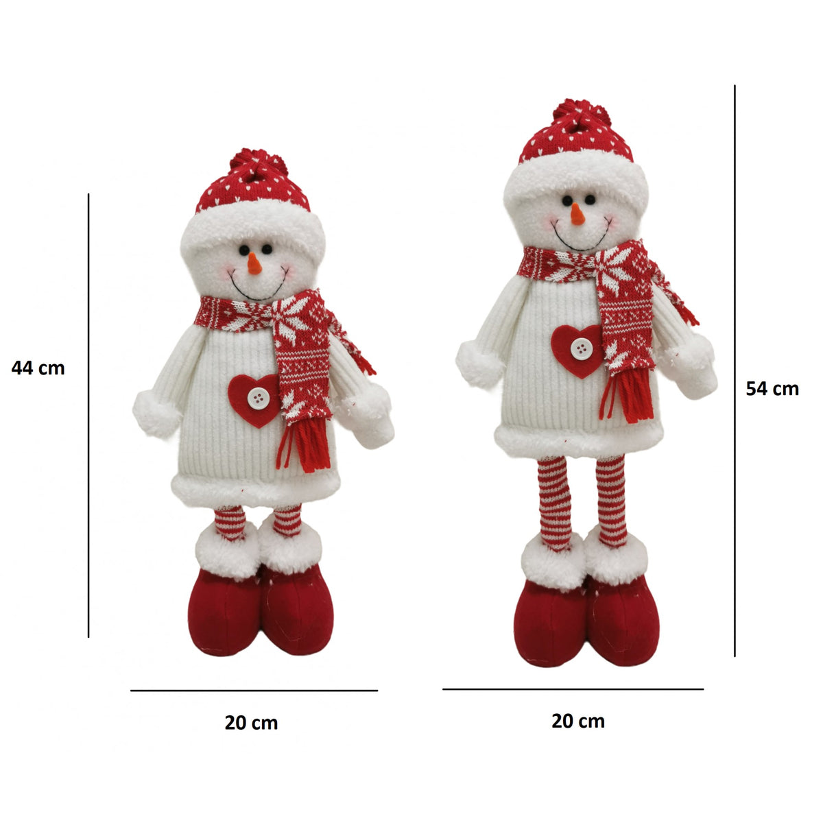 Figurina Decorativa, Pentru Craciun, Klevo, Om de Zapada, Picioare Telescopice, Inaltime Reglabila 44-54cm, Caciula cu Inimioare, Alb/Rosu