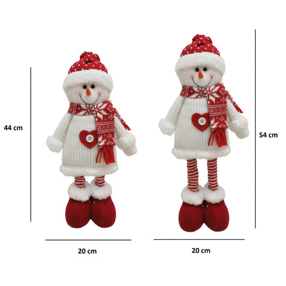 Figurina Decorativa, Pentru Craciun, Klevo, Om de Zapada, Picioare Telescopice, Inaltime Reglabila 44-54cm, Caciula cu Inimioare, Alb/Rosu