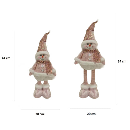 Figurina Decorativa, Pentru Craciun, Klevo, Om de Zapada, Picioare Telescopice, Inaltime Reglabila 44-54cm, Caciula cu Paiete, Roz