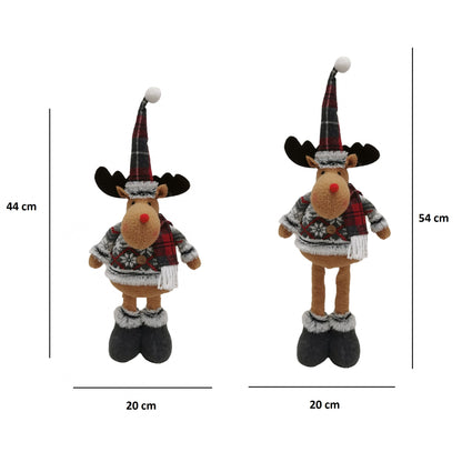 Figurina Decorativa, Pentru Craciun, Klevo, Ren, Picioare Telescopice, Inaltime Reglabila 44-54cm, Bluza cu Fulgi, Rosu/Gri