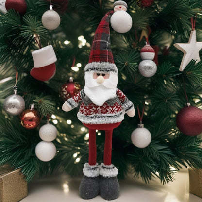 Figurina Decorativa, Pentru Craciun, Klevo, Mos Craciun, Picioare Telescopice, Inaltime Reglabila 44-54cm, Bluza cu Fulgi, Rosu/Gri