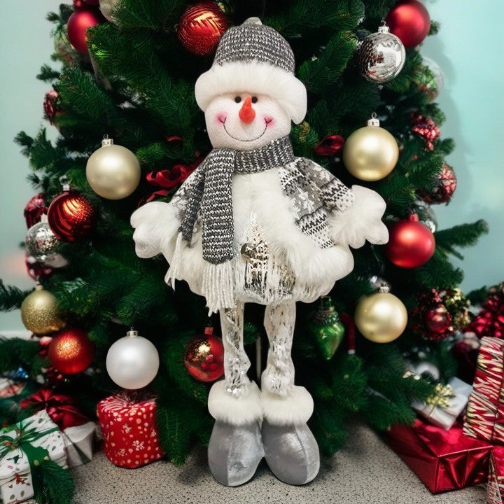 Figurina Decorativa, Pentru Craciun, Klevo, Om de Zapada, Picioare Telescopice, Inaltime Reglabila 33- 70 cm, Pantaloni Luciosi, Alb/Argintiu
