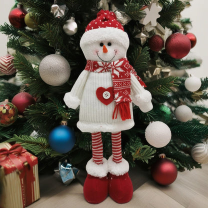 Figurina Decorativa, Pentru Craciun, Klevo, Om de Zapada, Picioare Telescopice, Inaltime Reglabila 44-54cm, Caciula cu Inimioare, Alb/Rosu