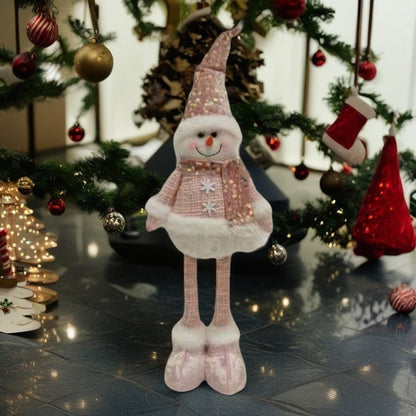 Figurina Decorativa, Pentru Craciun, Klevo, Om de Zapada, Picioare Telescopice, Inaltime Reglabila 44-54cm, Caciula cu Paiete, Roz