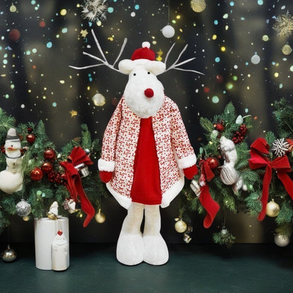Figurina Decorativa, Pentru Craciun, Klevo, Ren, Picioare Telescopice, Inaltime Reglabila 42 - 80 cm, cu Haina, Alb/Rosu