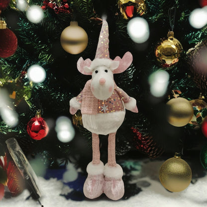 Figurina Decorativa, Pentru Craciun, Klevo, Ren, Picioare Telescopice, Inaltime Reglabila 44-54cm, Bluza cu Paiete, Roz