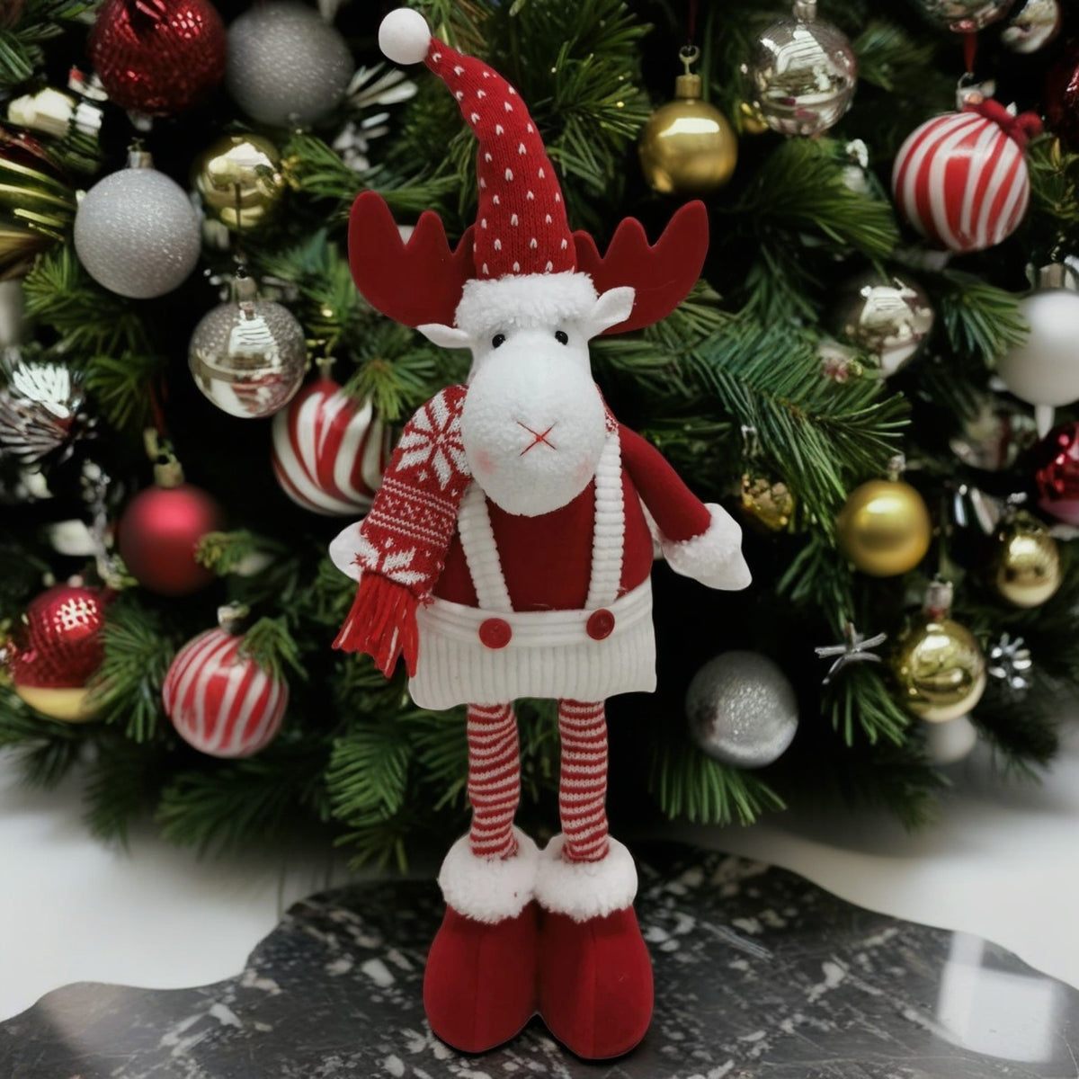 Figurina Decorativa, Pentru Craciun, Klevo, Ren, Picioare Telescopice, Inaltime Reglabila 44-54cm, Caciula cu Inimioare, Alb/Rosu
