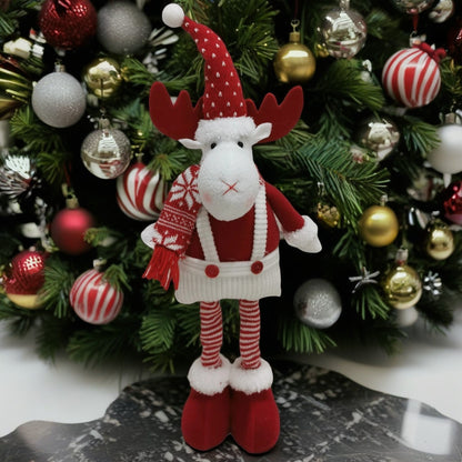 Figurina Decorativa, Pentru Craciun, Klevo, Ren, Picioare Telescopice, Inaltime Reglabila 44-54cm, Caciula cu Inimioare, Alb/Rosu